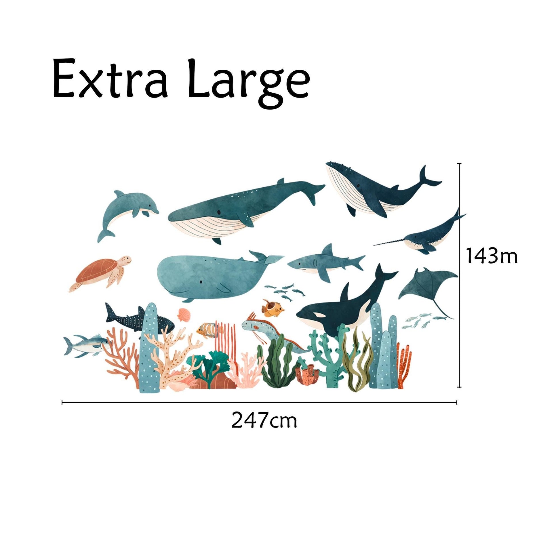 Underwater Ocean Whale Shark Wall Decals – Watercolor Sea Life Nursery Fabric Stickers – Kids Room Removable Mural