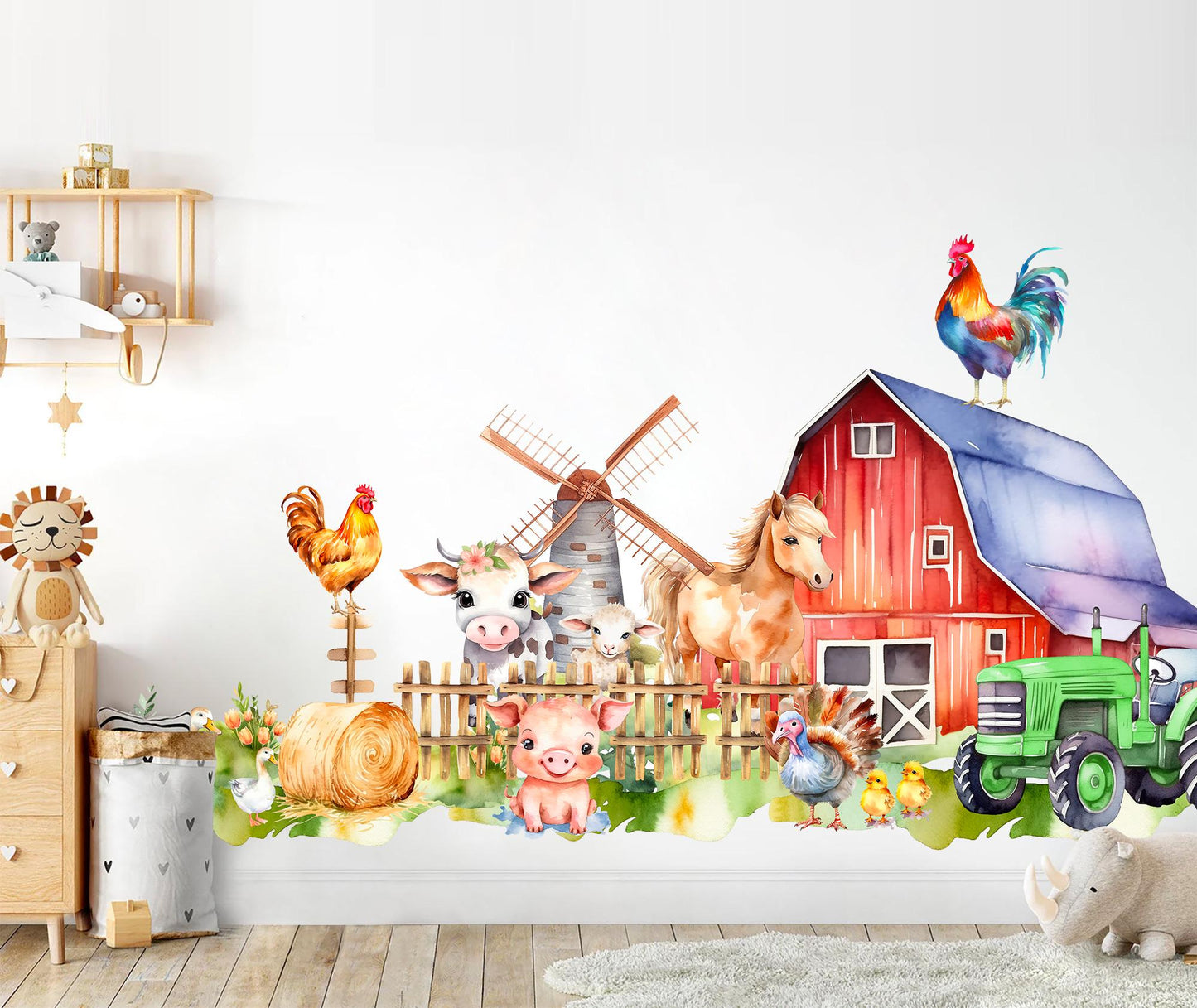 Farm Animals Wall Decal for Kids Room – Watercolor Barn Horse Pig Cow Tractor Sticker