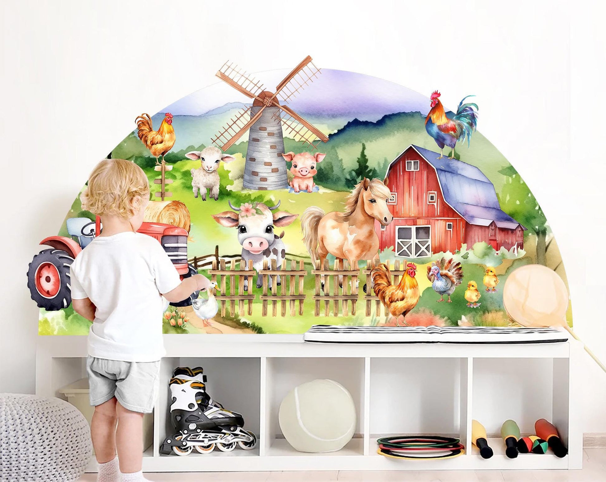 Half Arch Farm Animals Wall Decal – Watercolor Barn Tractor Horse Pig Cow Sticker