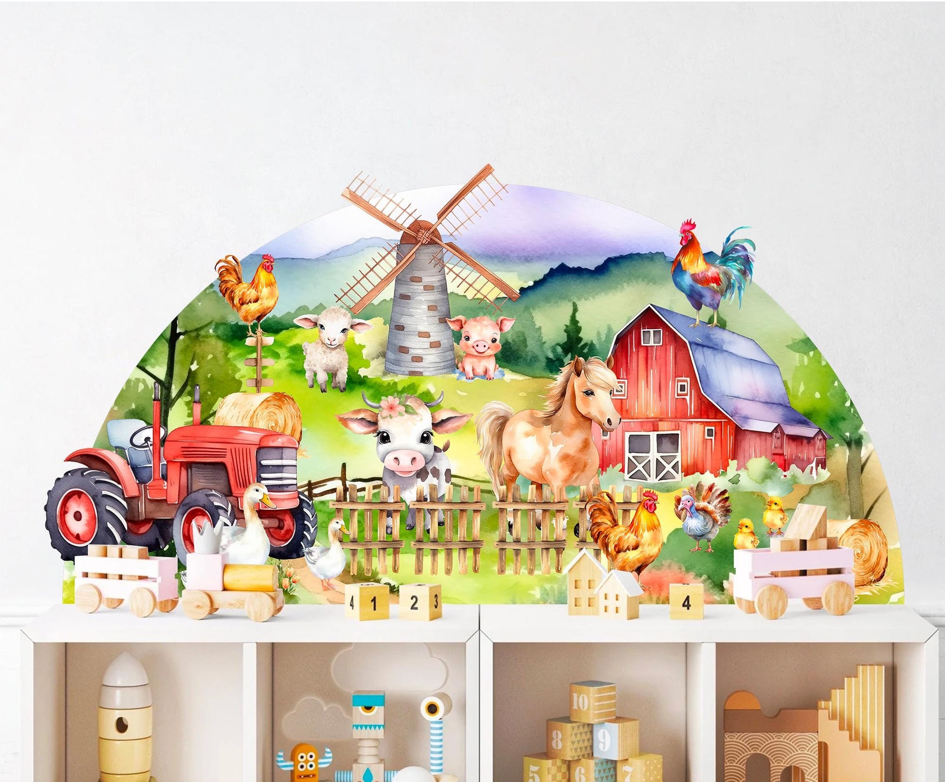 Half Arch Farm Animals Wall Decal – Watercolor Barn Tractor Horse Pig Cow Sticker