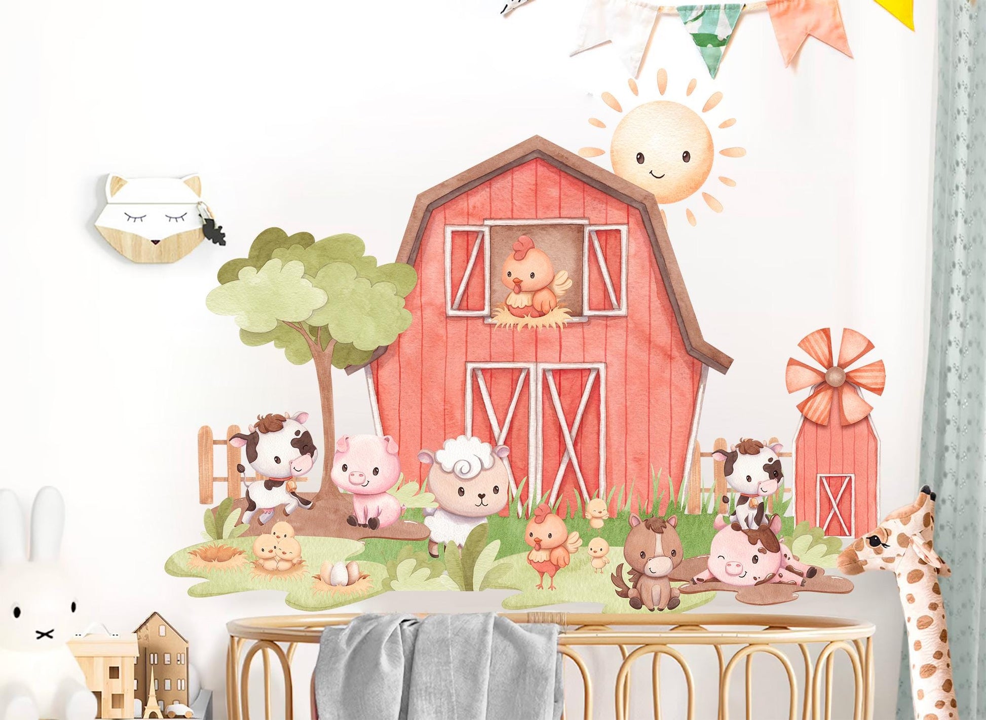 Cute Farm Animals Wall Decal, Barn Nursery Wall Sticker, Baby Room Decor