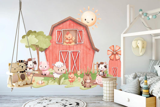 Cute Farm Animals Wall Decal, Barn Nursery Wall Sticker, Baby Room Decor