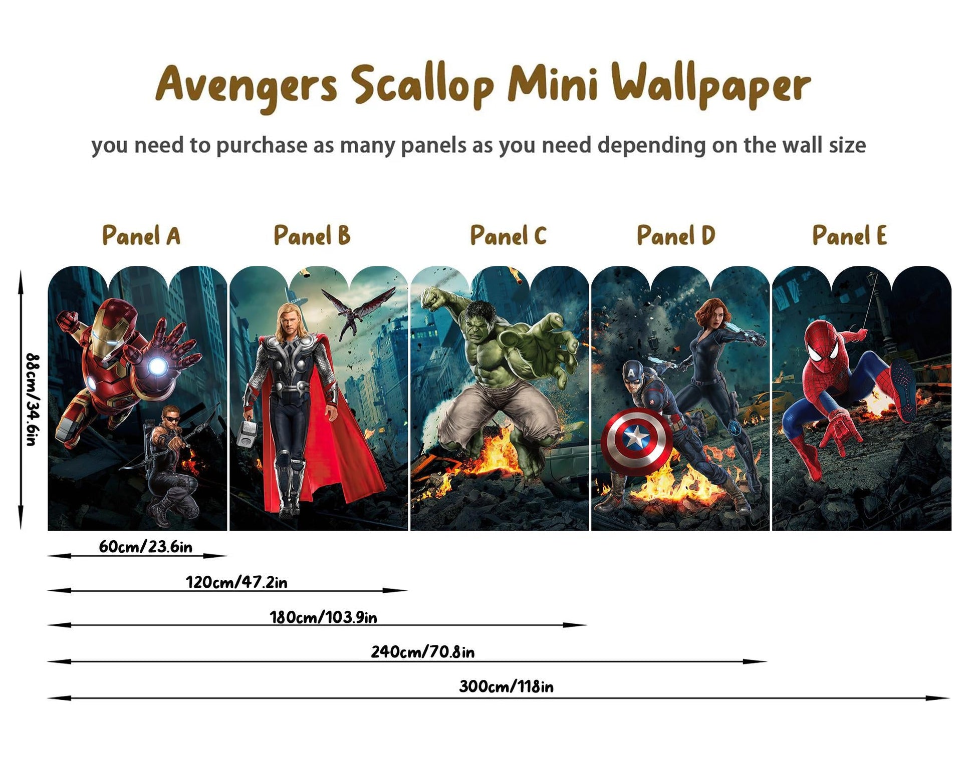 Avengers Scallop Mini Wallpaper – Removable Superhero Wall Mural for Kids Room, Marvel Heroes Wall Decor