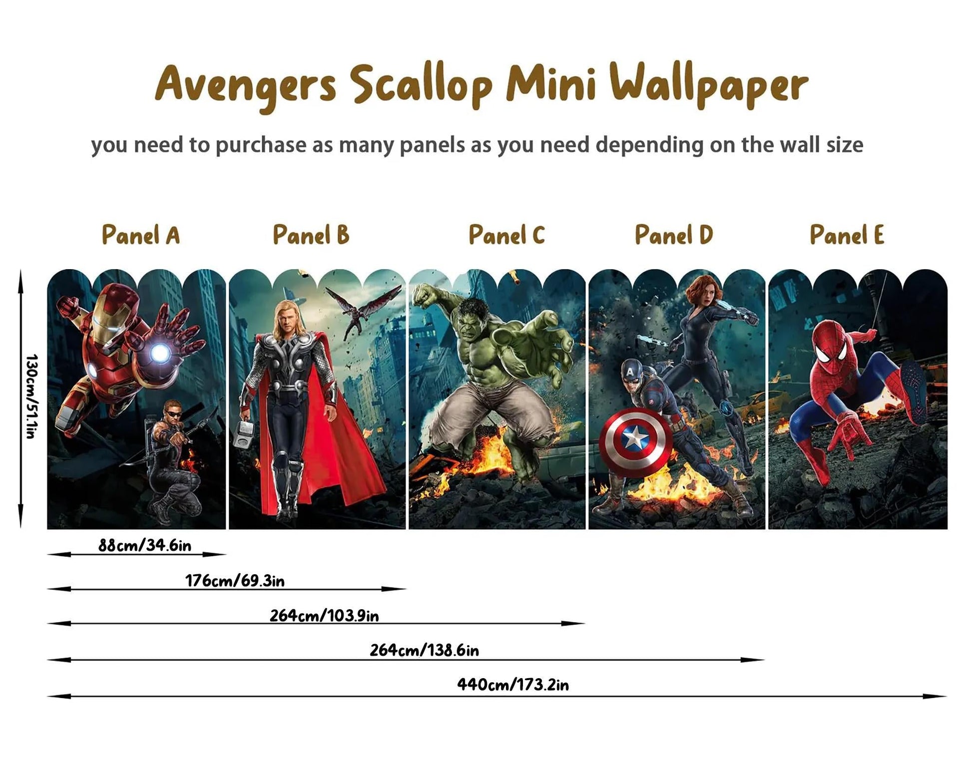 Avengers Scallop Mini Wallpaper – Removable Superhero Wall Mural for Kids Room, Marvel Heroes Wall Decor