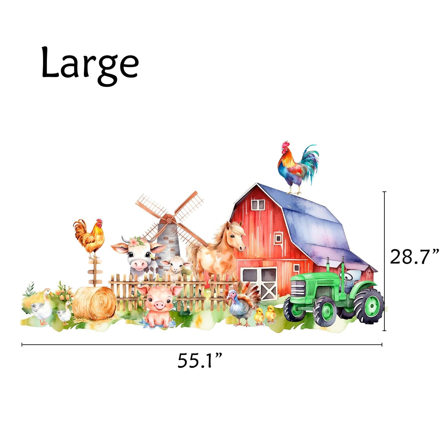 Farm Animals Wall Decal for Kids Room – Watercolor Barn Horse Pig Cow Tractor Sticker