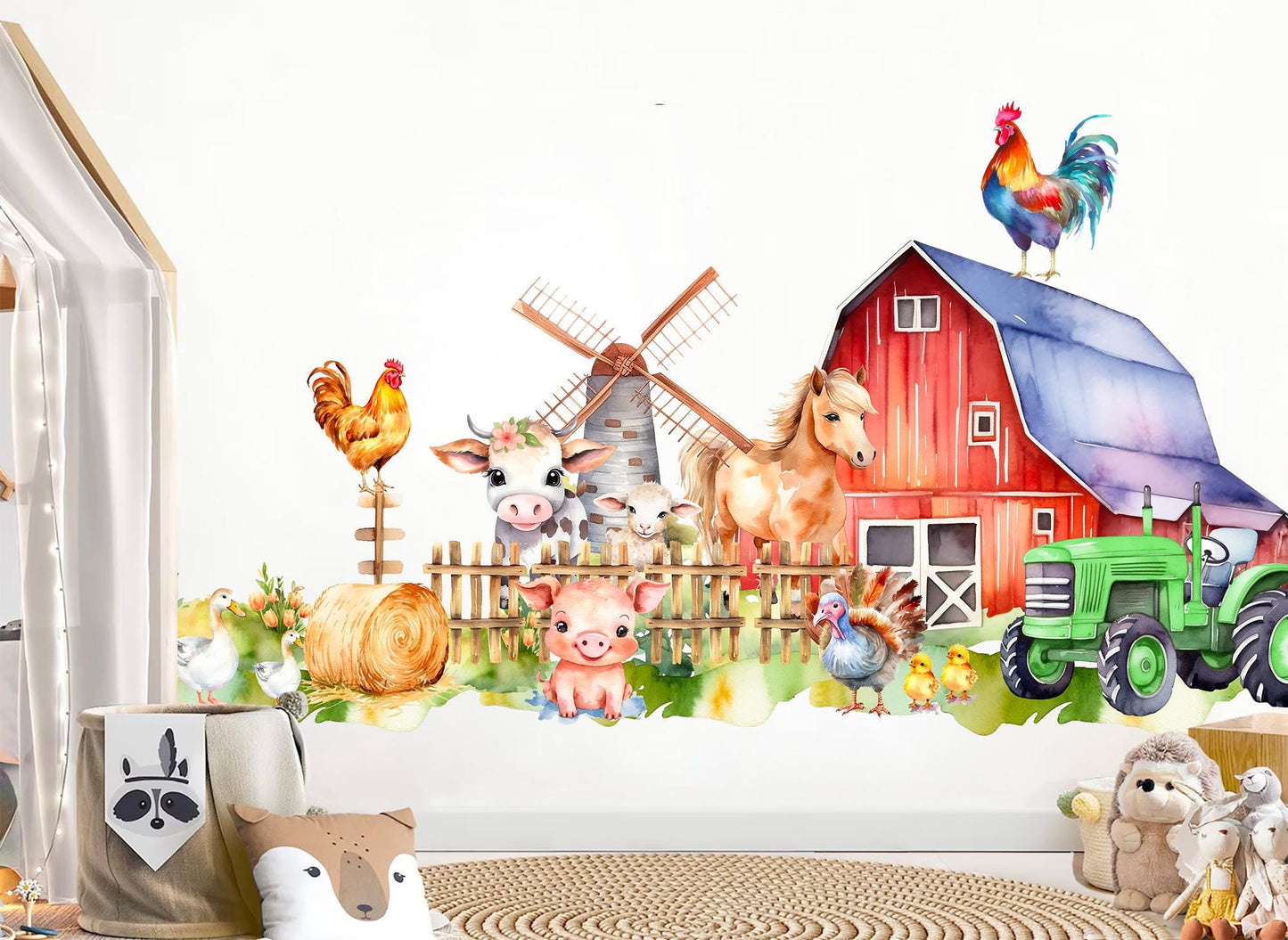 Farm Animals Wall Decal for Kids Room – Watercolor Barn Horse Pig Cow Tractor Sticker