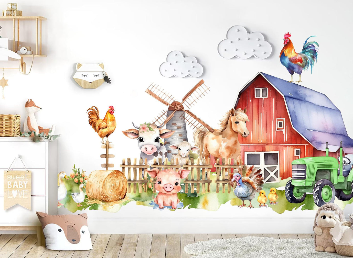 Farm Animals Wall Decal for Kids Room – Watercolor Barn Horse Pig Cow Tractor Sticker