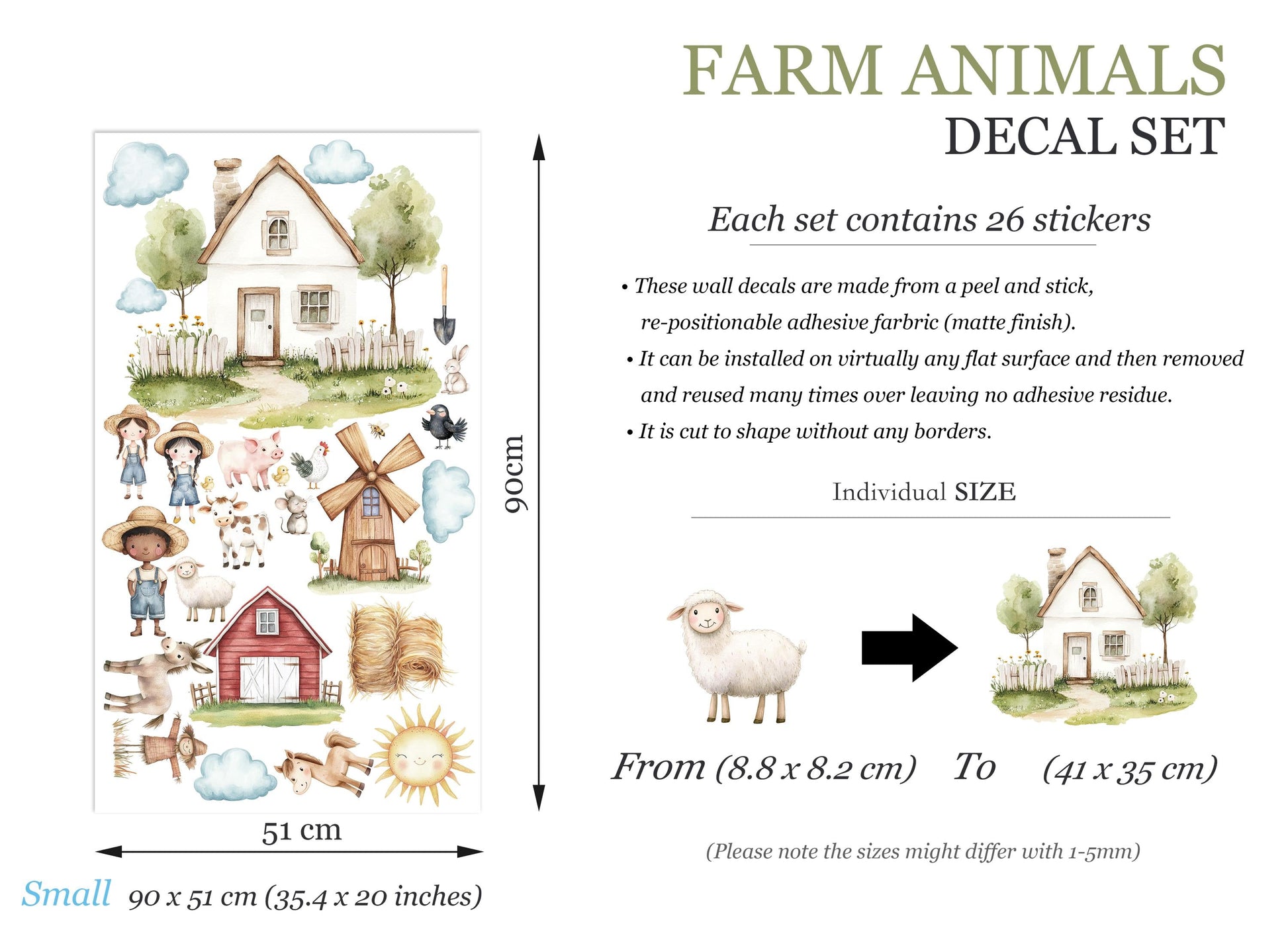 Farm Animals Wall Decal Set – Farmer Kids, Barn, Animals & Village Nursery Decor