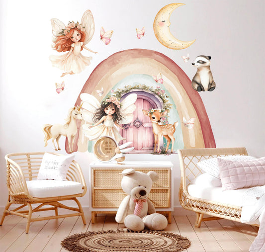Watercolor Rainbow Fairy Unicorn Wall Decals for Girls Room – Fairy Houses, Reusable Fabric Stickers