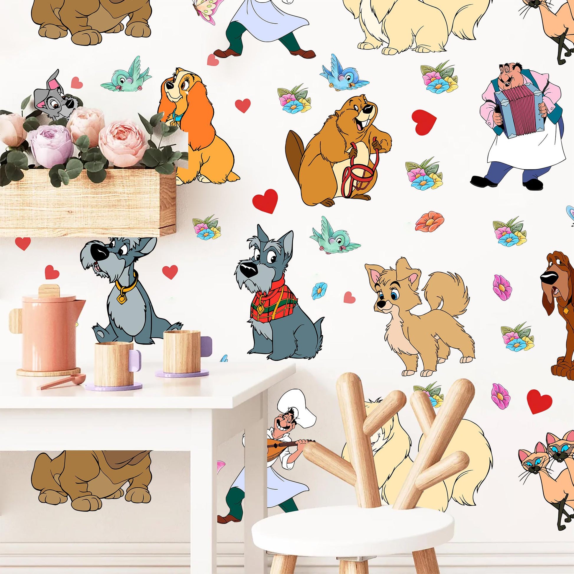Lady and the Tramp Dog Wall Decals | Vintage Cartoon Nursery Stickers