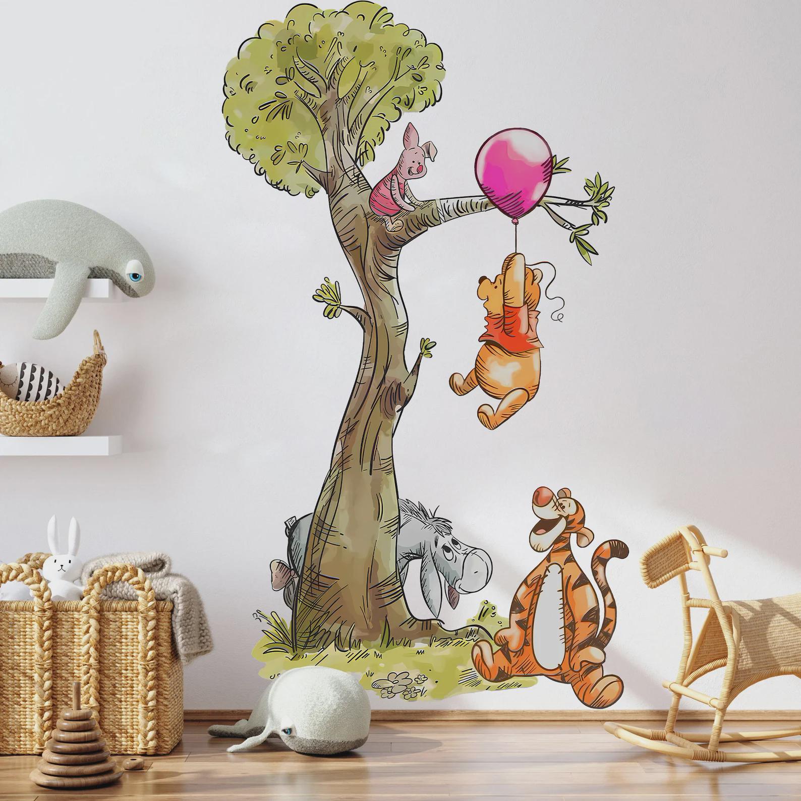 Watercolour Vintage Winnie The Pooh Playing On Tree Wall Decal Sticker - Wall Decal for Nursery