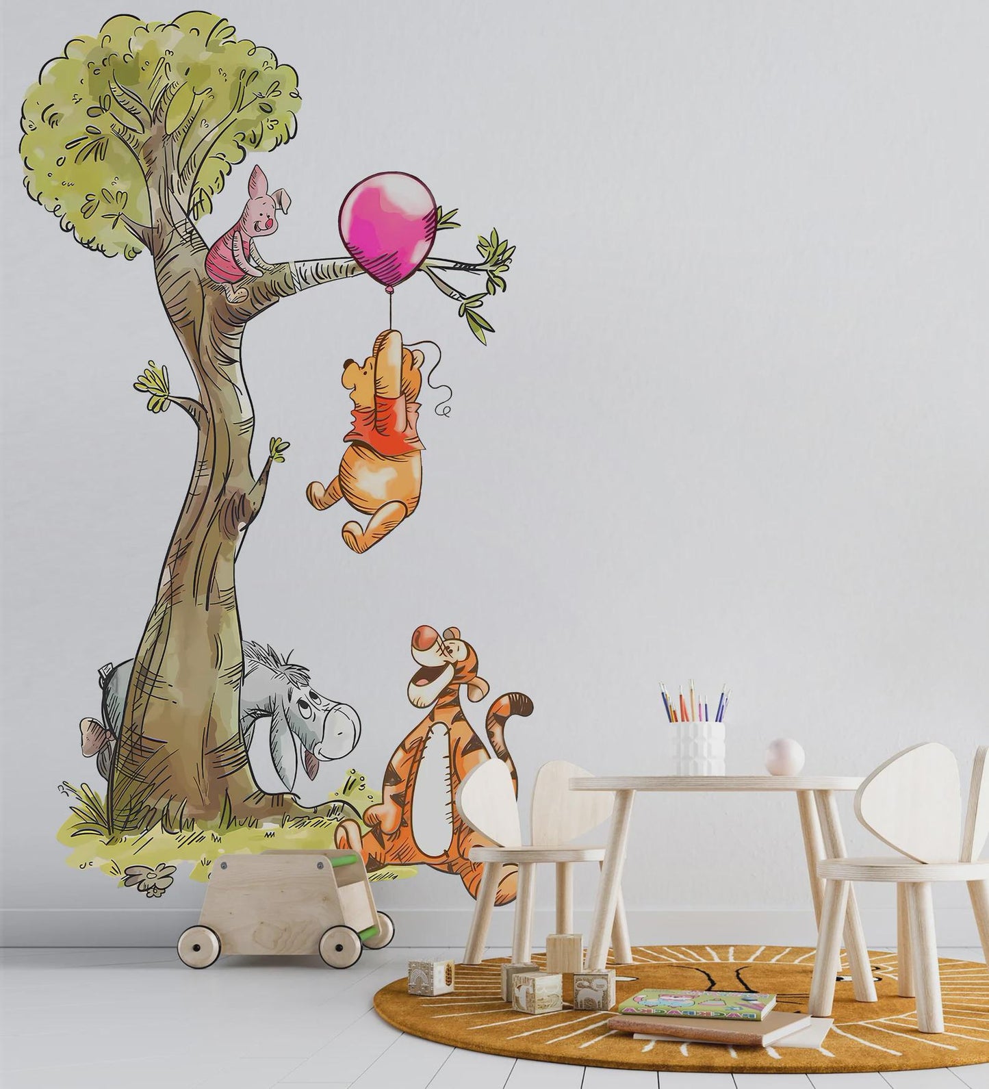 Watercolour Vintage Winnie The Pooh Playing On Tree Wall Decal Sticker - Wall Decal for Nursery