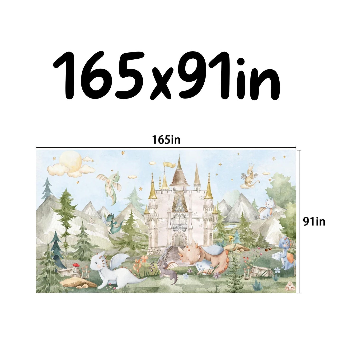 Fairy Tale Castle Wall Mural – Baby Dragon Nursery Wallpaper – Fantasy Kids Room Décor – Peel and Stick Fabric Mural