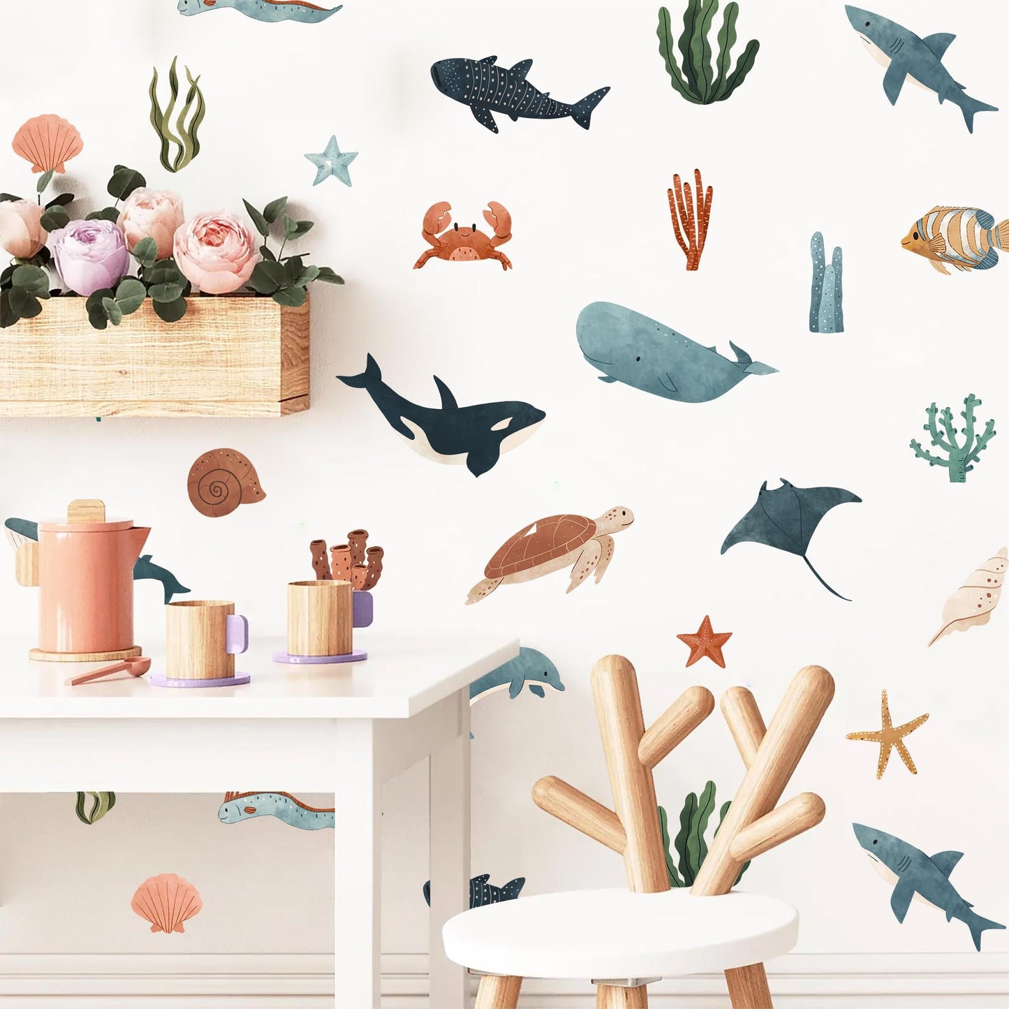 Neutral Ocean Wall Decals Whale Dolphin Sea Animals Nursery Decor