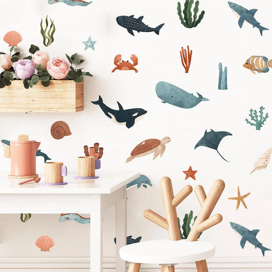 Neutral Ocean Wall Decals Whale Dolphin Sea Animals Nursery Decor