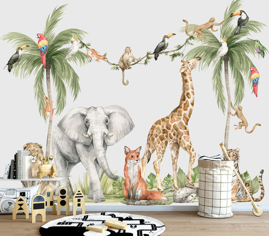 Safari Wall Decals Jungle Animals Wall Stickers Giraffe Elephant Kids Room Decor