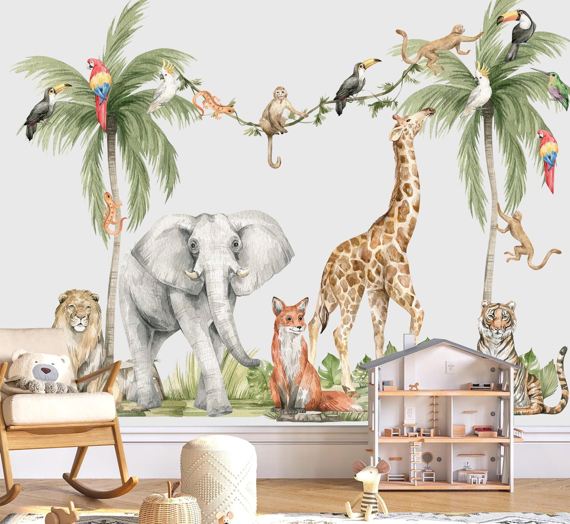 Safari Wall Decals Jungle Animals Wall Stickers Giraffe Elephant Kids Room Decor