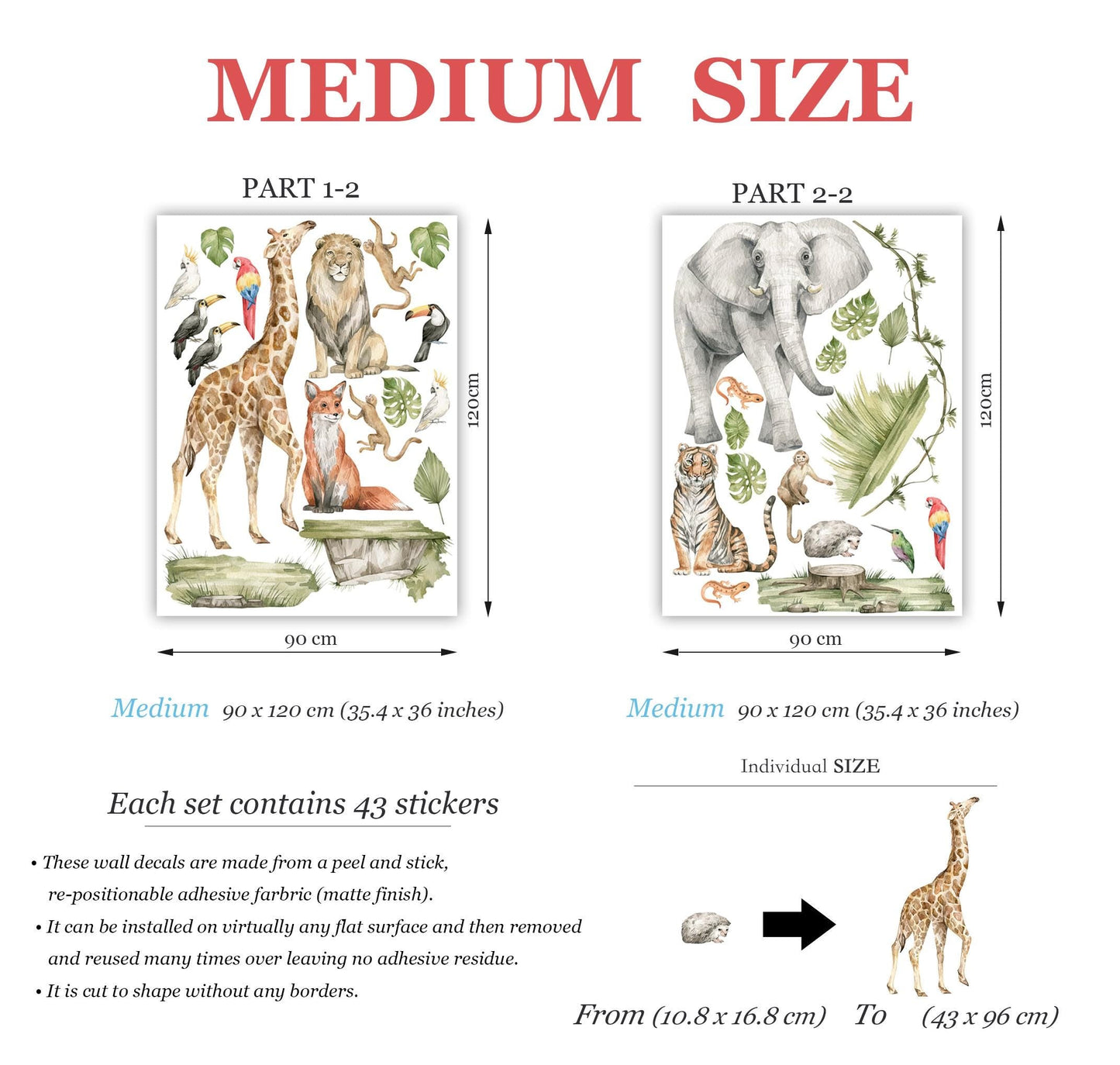 Safari Wall Decals Jungle Animals Wall Stickers Giraffe Elephant Kids Room Decor