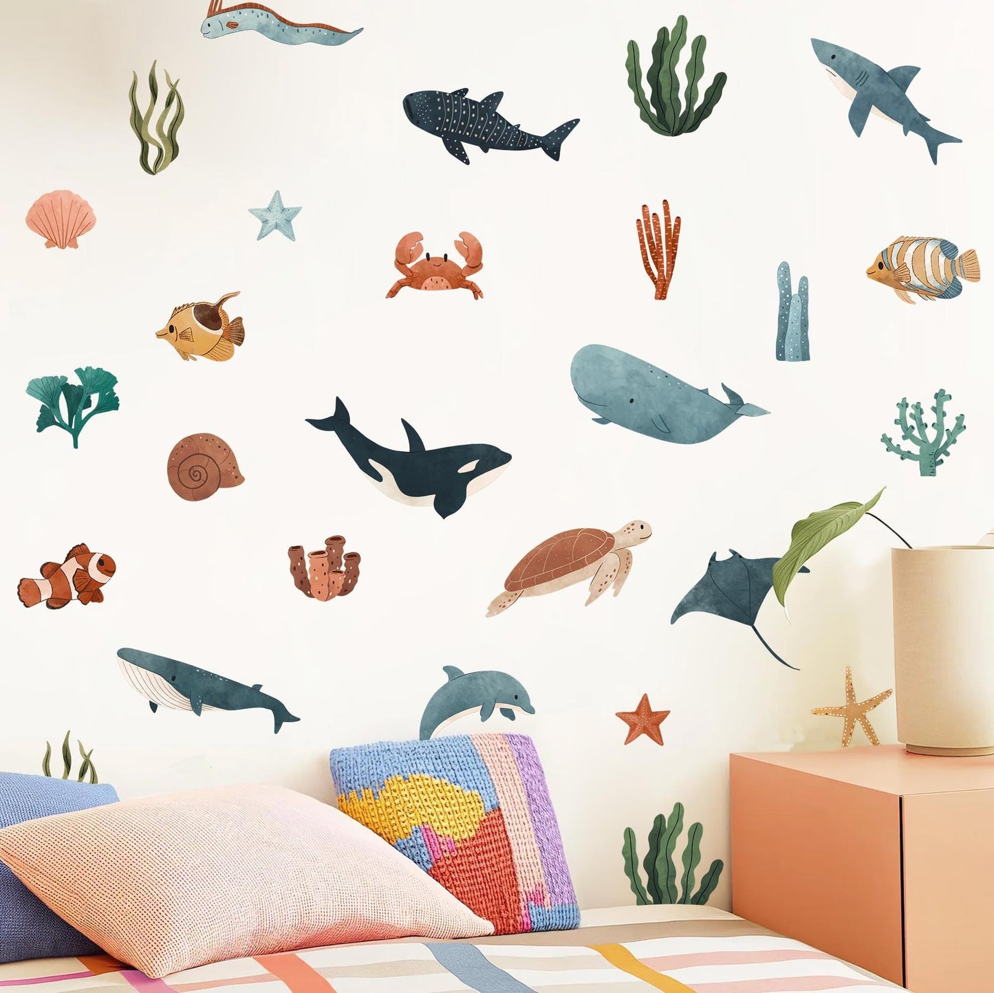 Neutral Ocean Wall Decals Whale Dolphin Sea Animals Nursery Decor