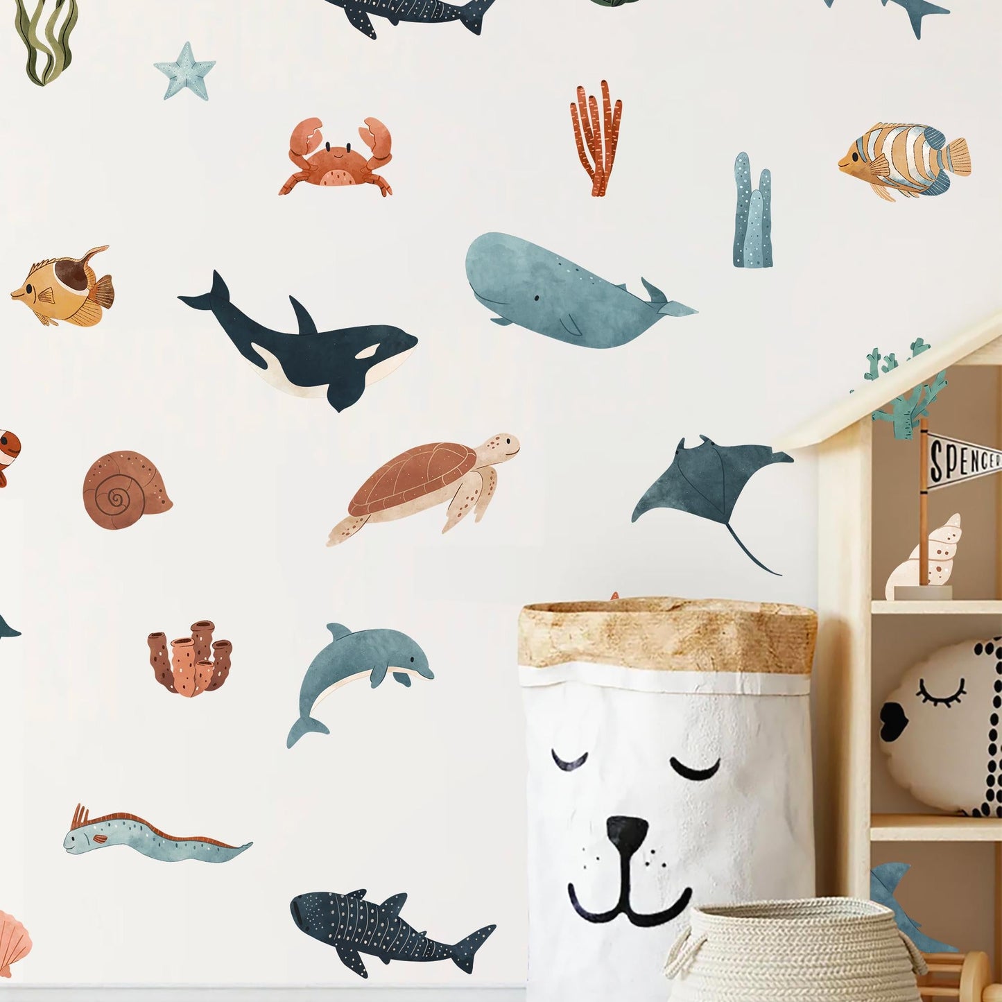 Neutral Ocean Wall Decals Whale Dolphin Sea Animals Nursery Decor