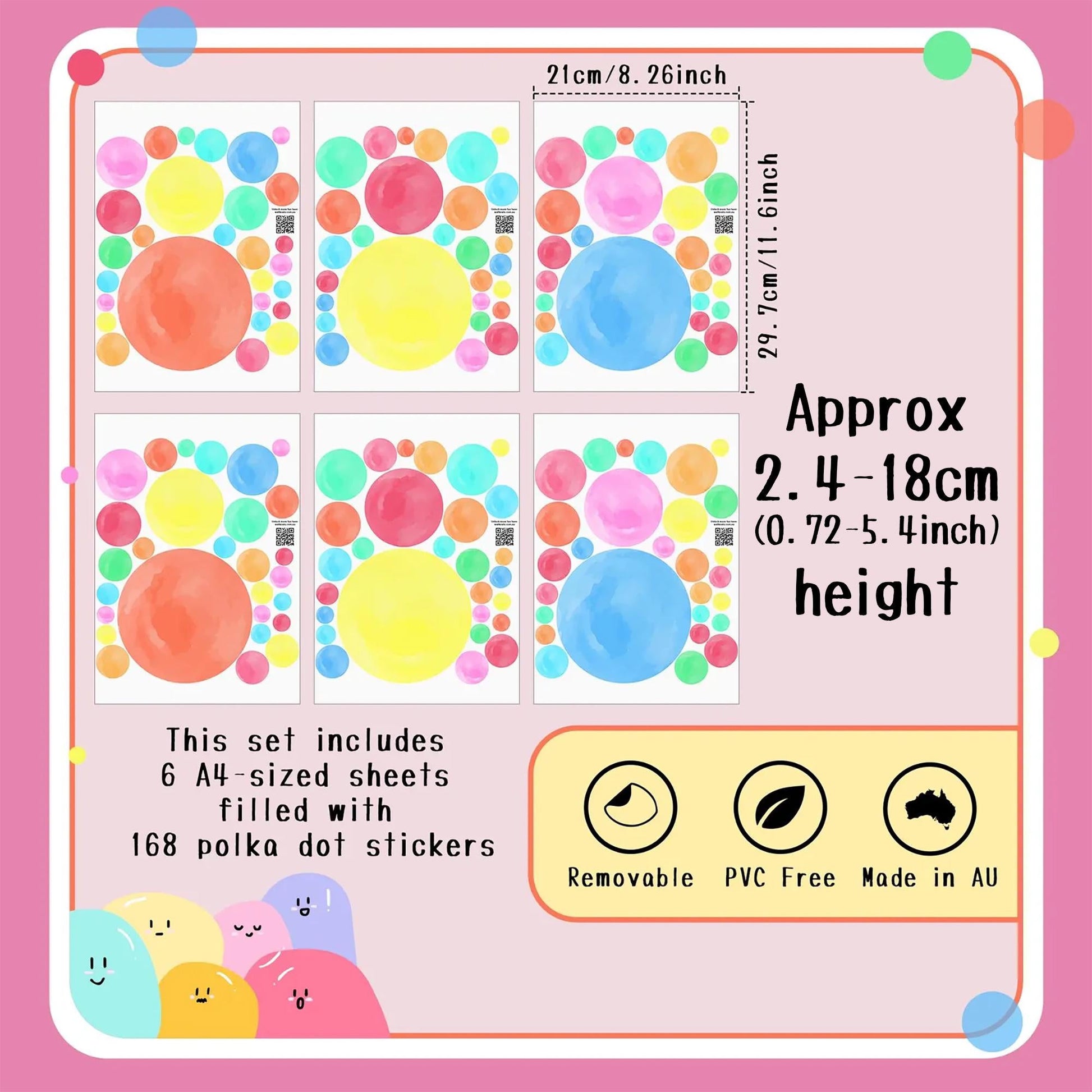 Bright Rainbow Polka Dot Wall Decals – 168 PCS Removable Matte Fabric Stickers for Nursery & Kids' Room