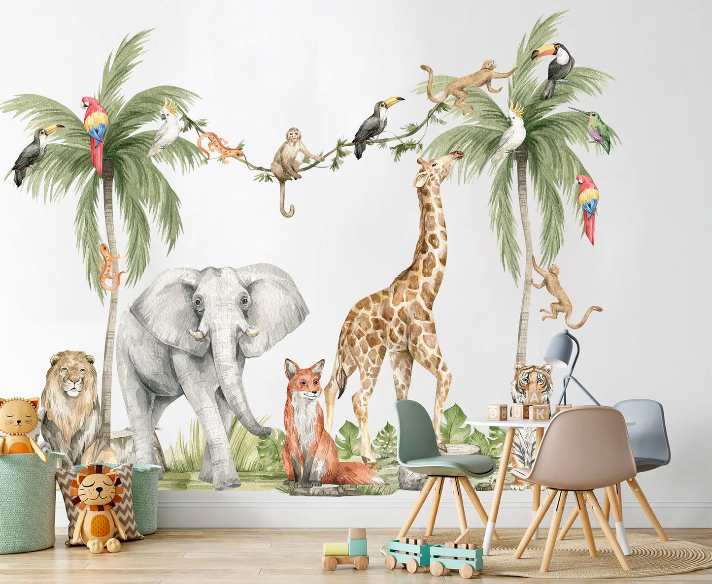 Safari Wall Decals Jungle Animals Wall Stickers Giraffe Elephant Kids Room Decor