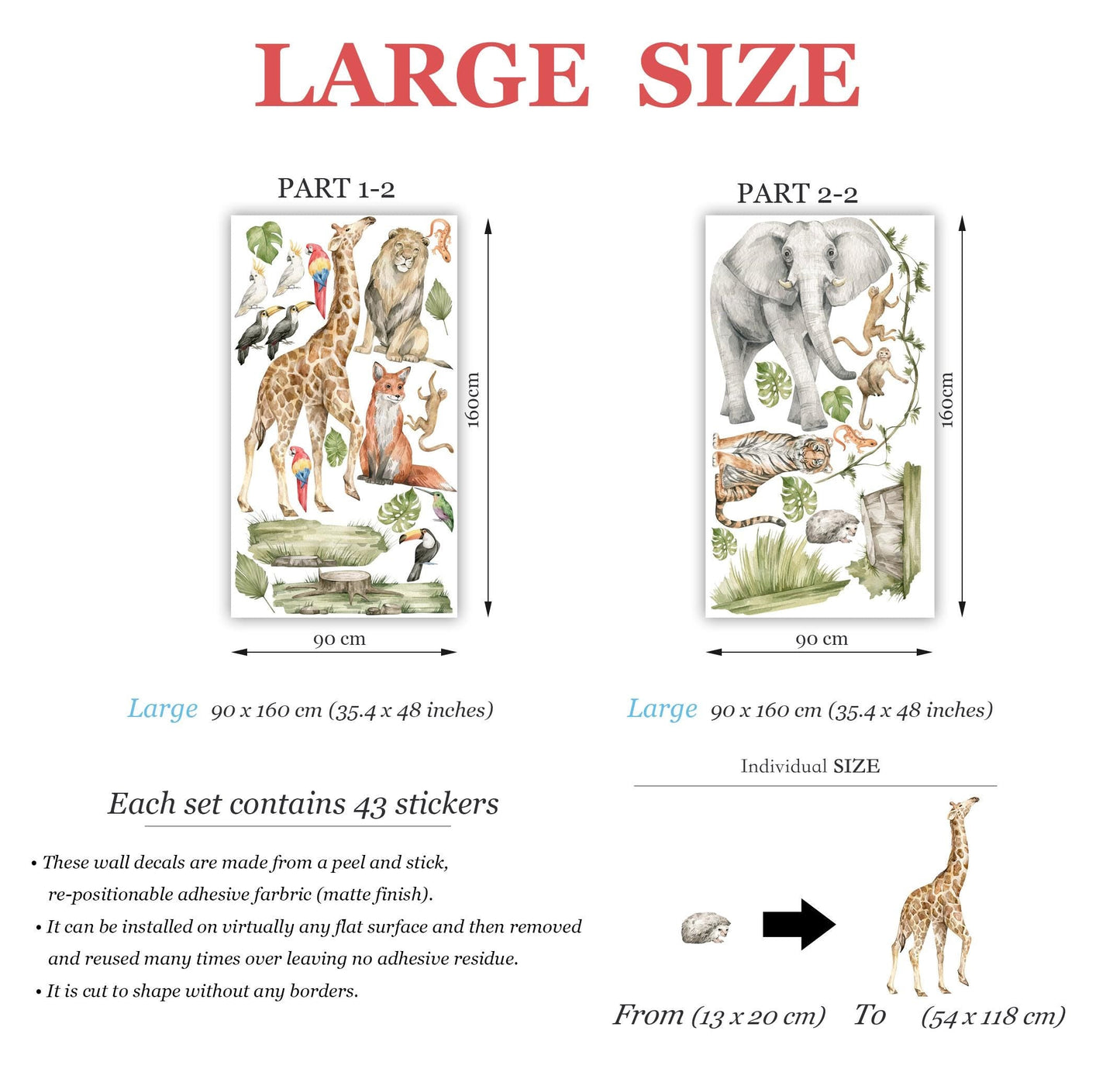 Safari Wall Decals Jungle Animals Wall Stickers Giraffe Elephant Kids Room Decor