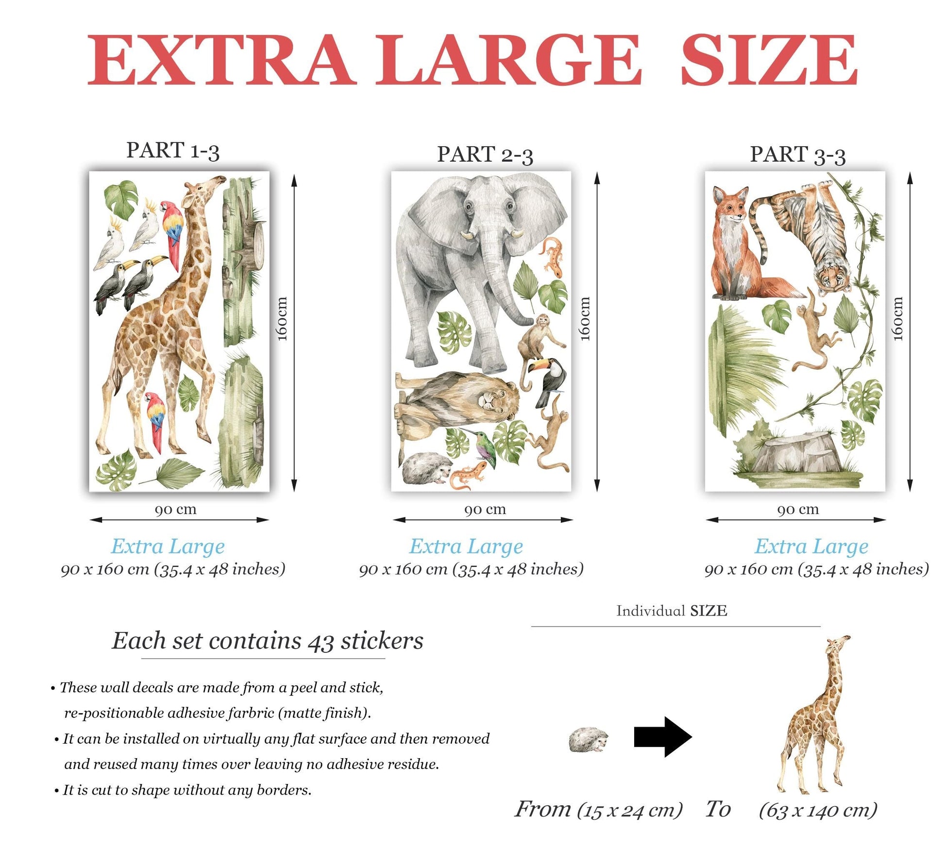 Safari Wall Decals Jungle Animals Wall Stickers Giraffe Elephant Kids Room Decor