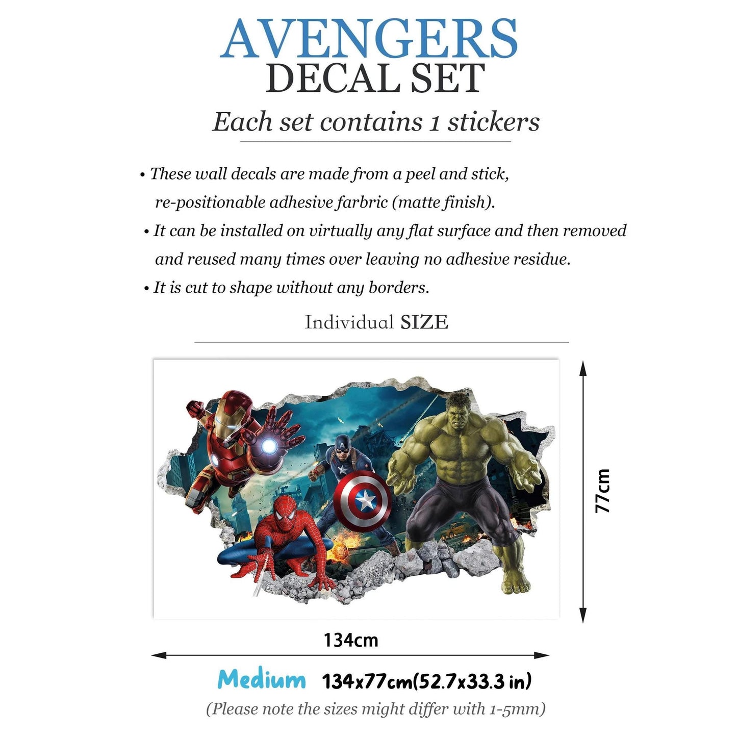 Avengers 3D Wall Decal Hulk Spiderman Iron Man Captain America Superheroes coming out 3D Smashed Wall Sticker