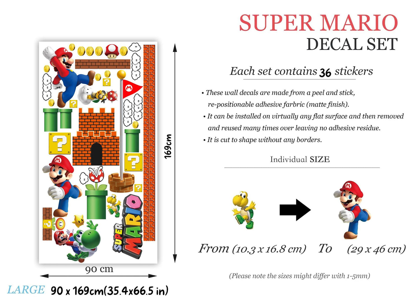 Super Mario Wall Decals for Kids Room – Removable Fabric Sticker Set | Large & Small Sizes | Mario Nursery Decor