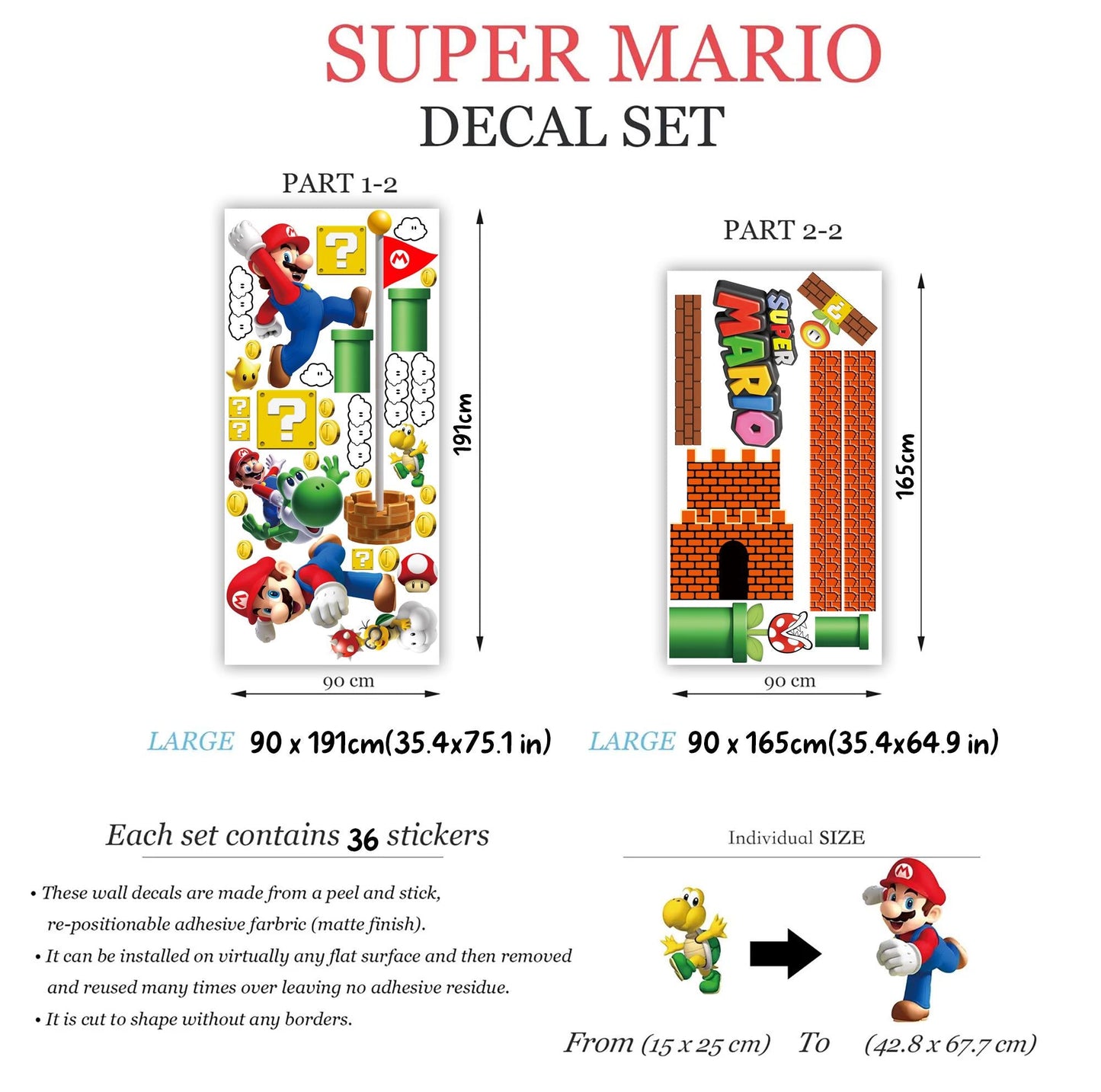 Super Mario Wall Decals for Kids Room – Removable Fabric Sticker Set | Large & Small Sizes | Mario Nursery Decor