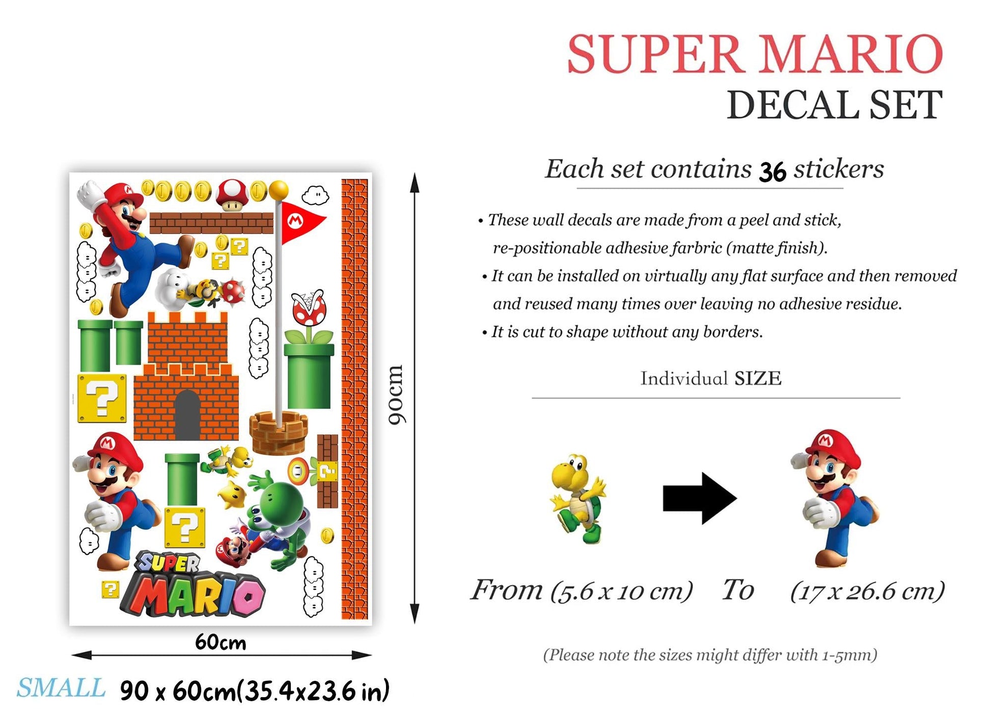 Super Mario Wall Decals for Kids Room – Removable Fabric Sticker Set | Large & Small Sizes | Mario Nursery Decor