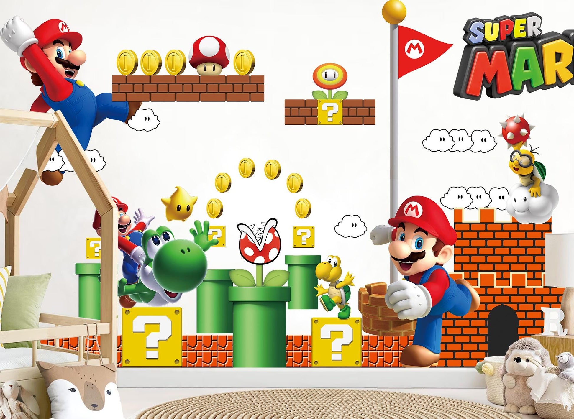 Super Mario Wall Decals for Kids Room – Removable Fabric Sticker Set | Large & Small Sizes | Mario Nursery Decor