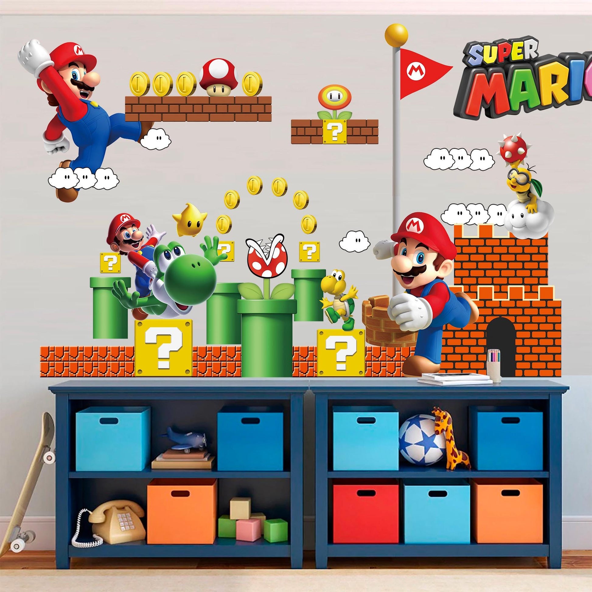 Super Mario Wall Decals for Kids Room – Removable Fabric Sticker Set | Large & Small Sizes | Mario Nursery Decor