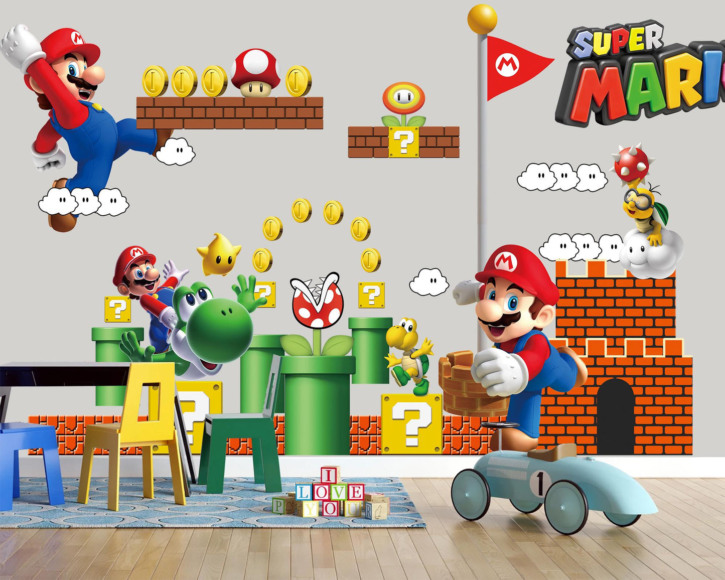 Super Mario Wall Decals for Kids Room – Removable Fabric Sticker Set | Large & Small Sizes | Mario Nursery Decor
