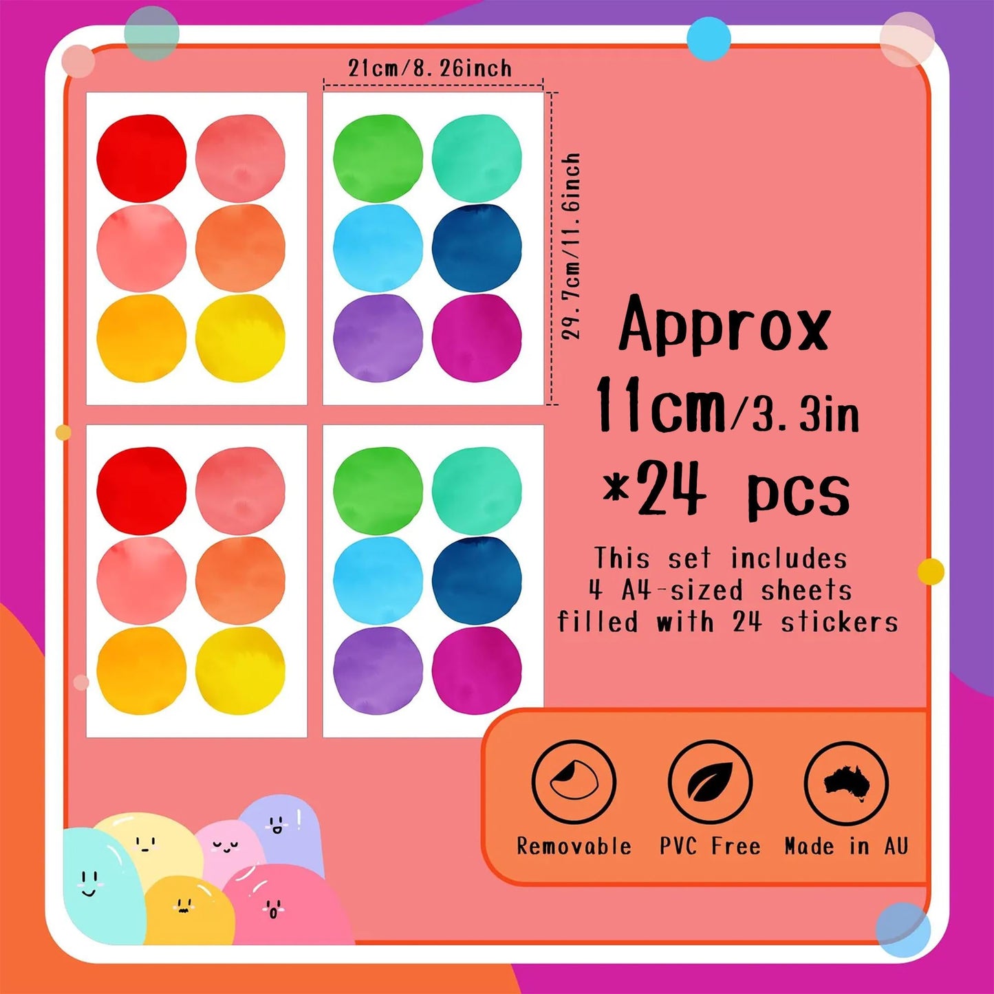 Watercolor Polka Dot Wall Decals – 24 PCS 8.3cm Dots, PVC-Free Fabric, Removable & Reusable, 18 Colour Options