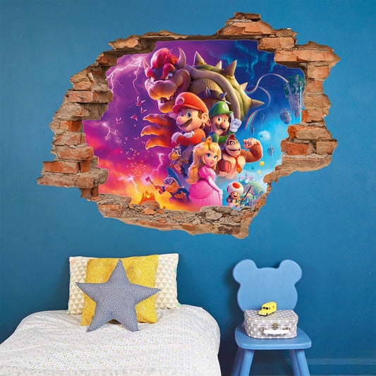 Super Mario Wall Decal 3D Broken Wall Stickers Kids Gaming Room Decor