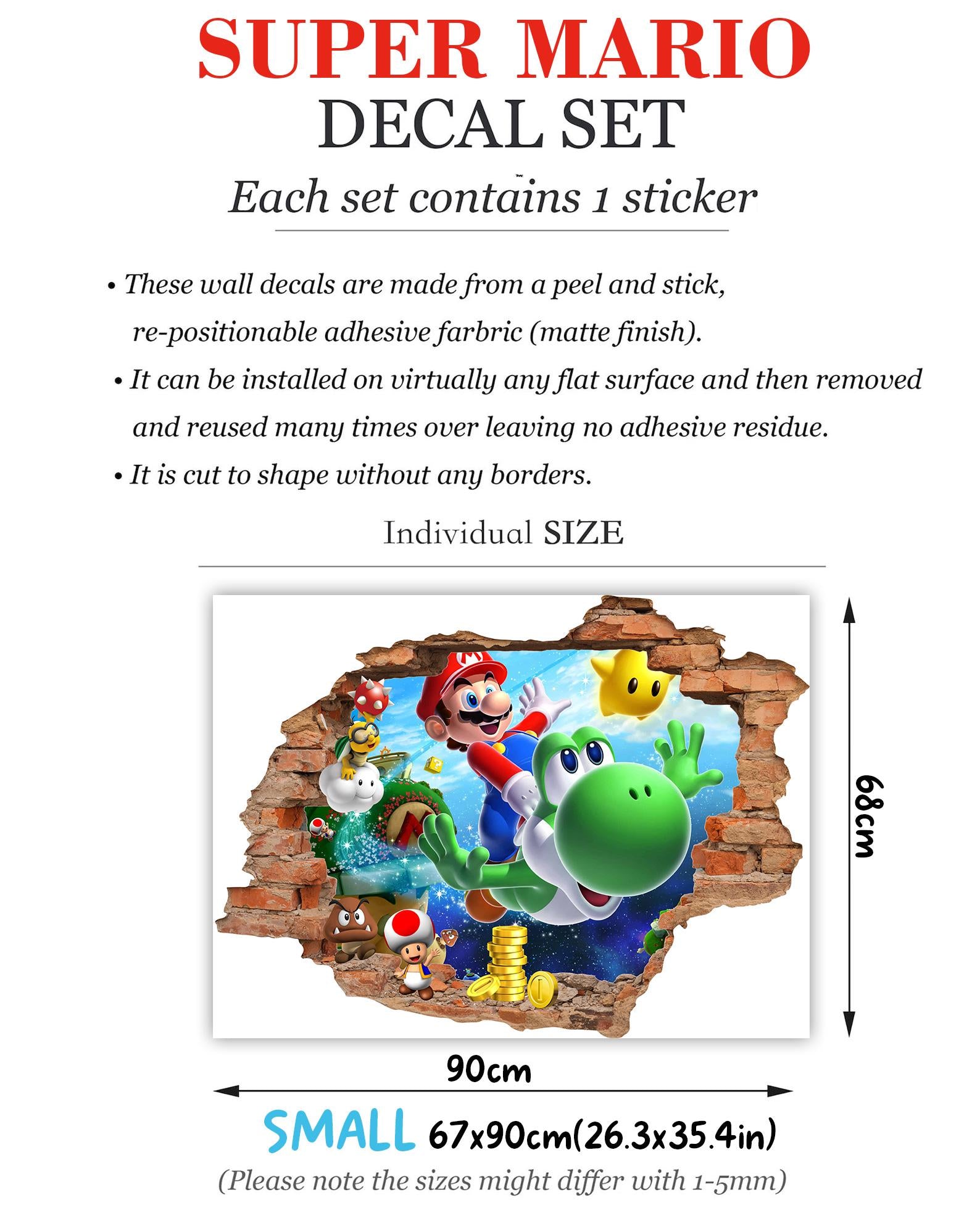 Mario Wall Decal 3D Brick Wall Sticker Boys Bedroom Decor