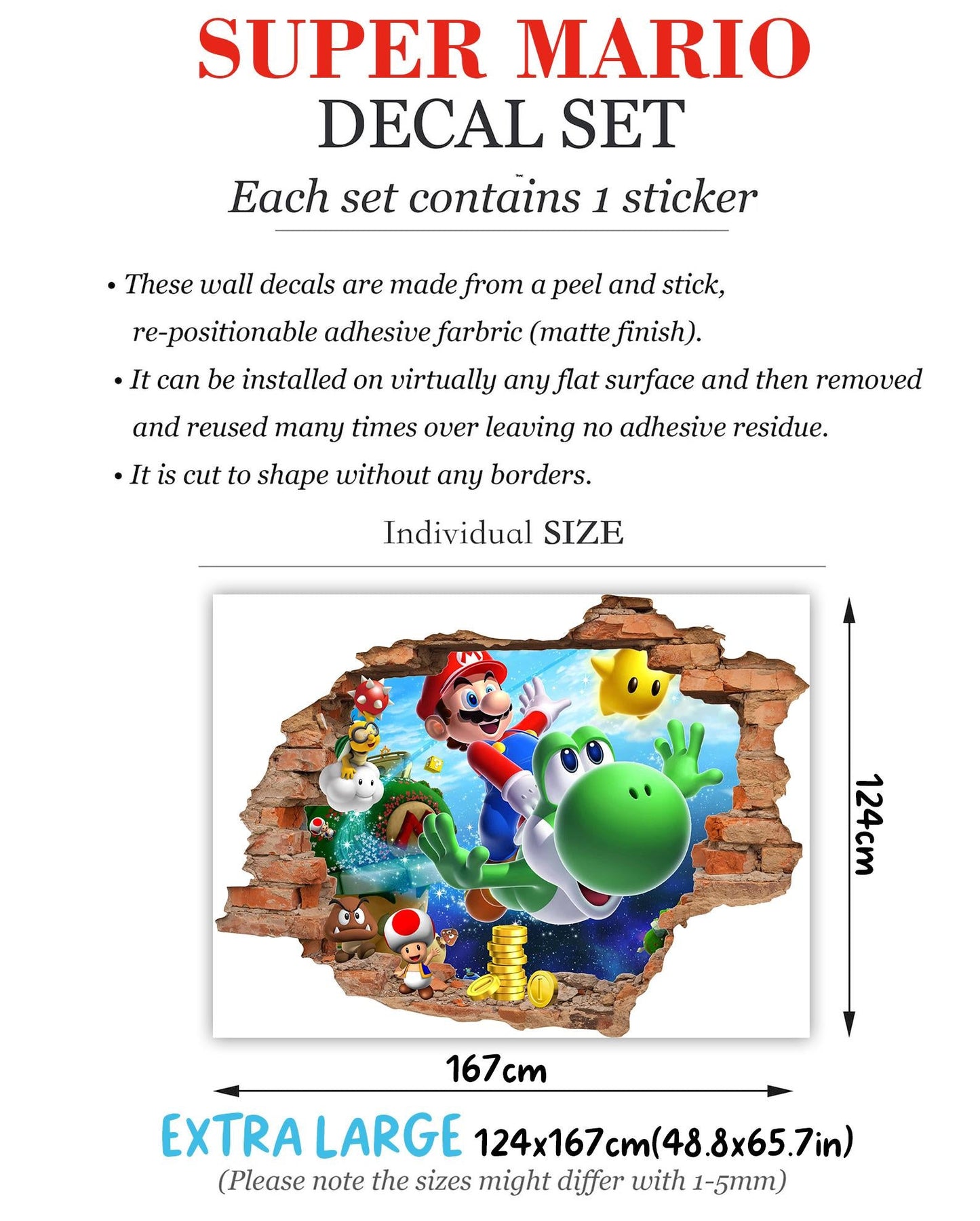 Mario Wall Decal 3D Brick Wall Sticker Boys Bedroom Decor