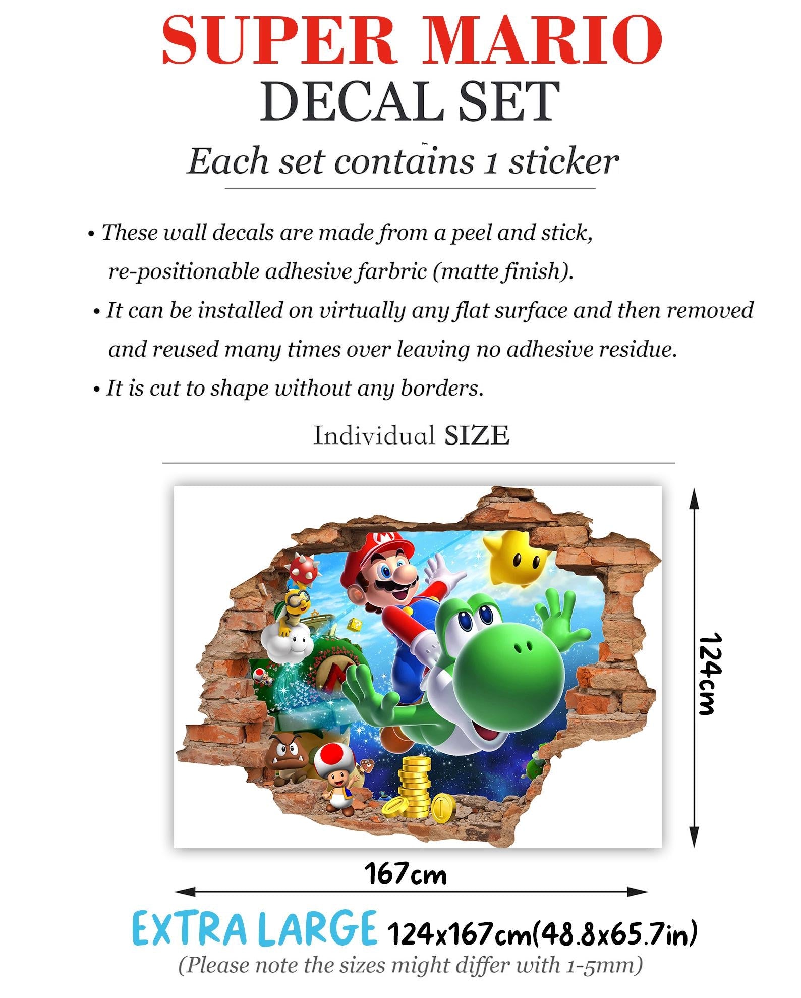 Mario Wall Decal 3D Brick Wall Sticker Boys Bedroom Decor