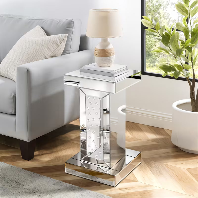 22 Inch Tall Mirror Pillar Edge Table With Glass For Decorating Your Living Room Bedroom Or Entryway – view 1