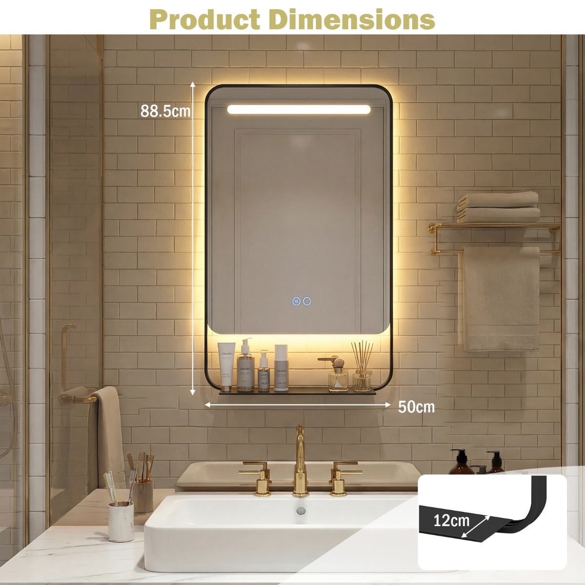 LED Bathroom Mirror with Shelf, Anti-Fog & Dimmable Lighting – Black