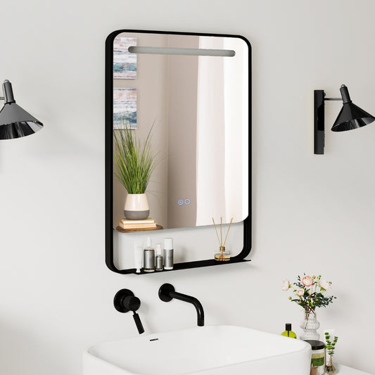 LED Bathroom Mirror with Shelf, Anti-Fog & Dimmable Lighting – Black