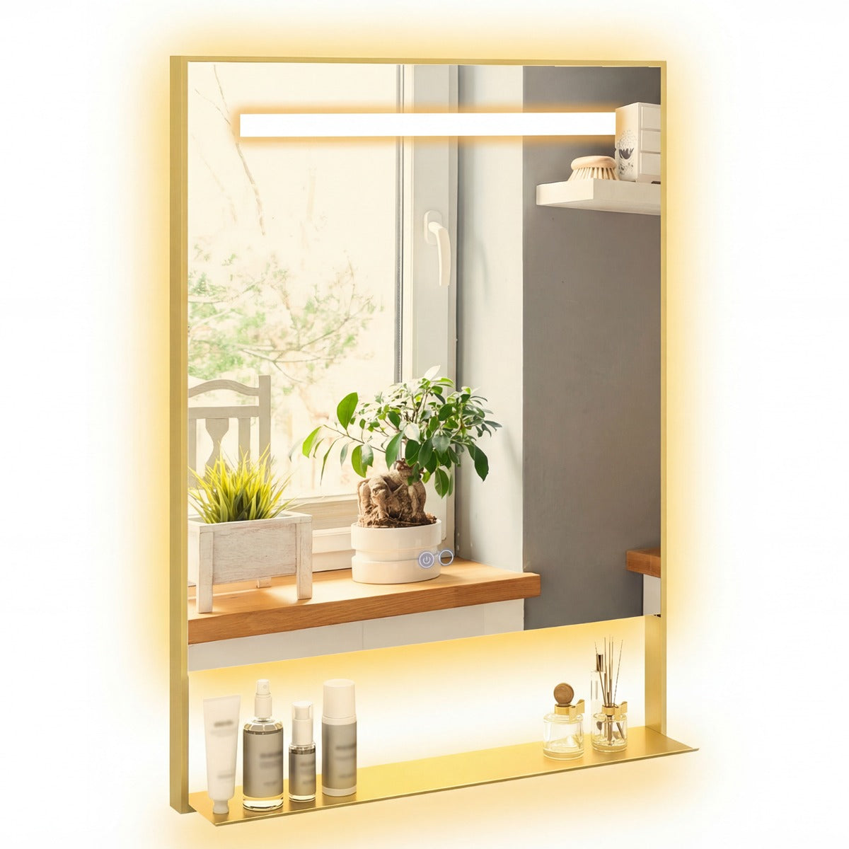 LED Bathroom Mirror with Shelf, Anti-Fog & Dimmable Lighting – Gold