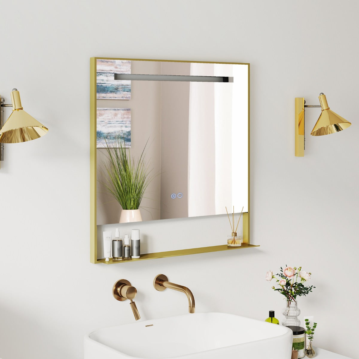 LED Bathroom Mirror with Shelf, Anti-Fog & Dimmable Lighting – Gold