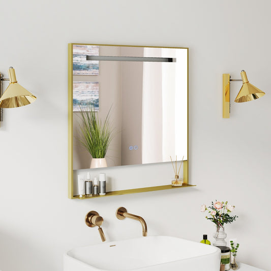 LED Bathroom Mirror with Shelf, Anti-Fog & Dimmable Lighting – Gold