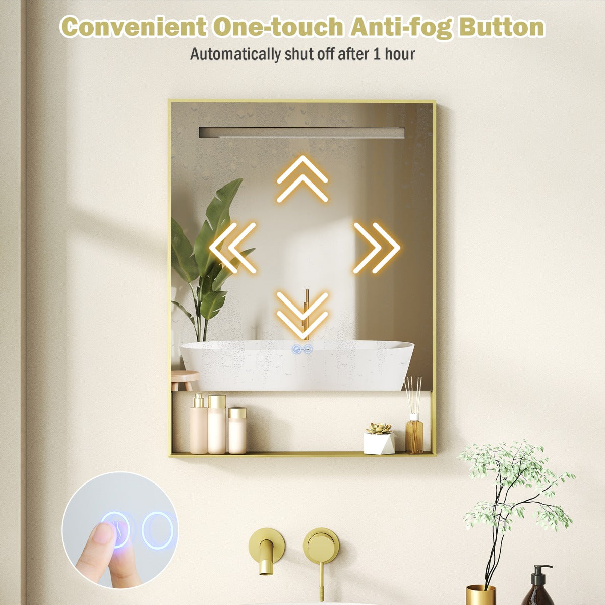 LED Bathroom Mirror with Shelf, Anti-Fog & Dimmable Lighting – Gold
