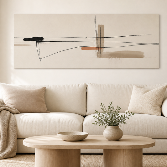 Linear Poise Minimalist Line Stretched Canvas displayed above a neutral sofa – lifestyle thumbnail