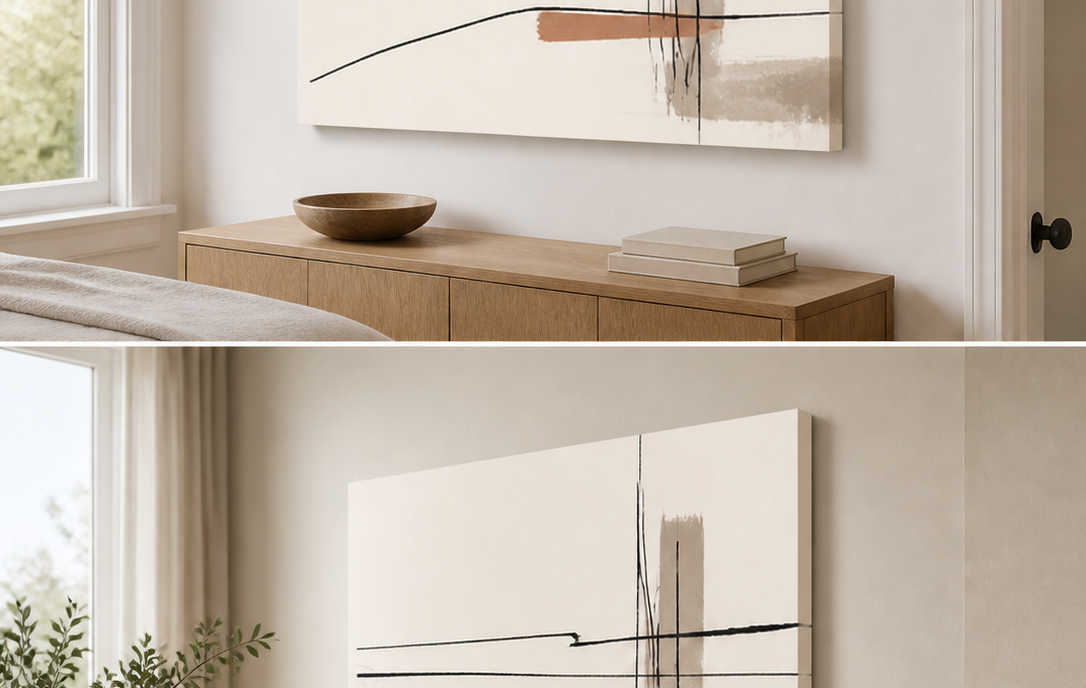 Linear Poise stretched canvas wall art in bedroom, left angle