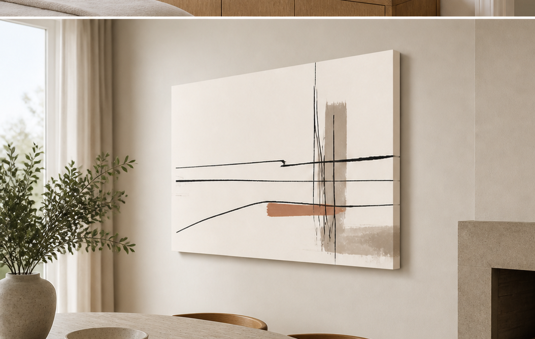 Linear Poise stretched canvas wall art in dining room, right angle